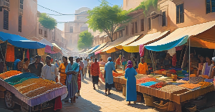 A lively marketplace filled with local artisans selling colorful handmade goods, with people engaging and sunlight enhancing the vibrant atmosphere.