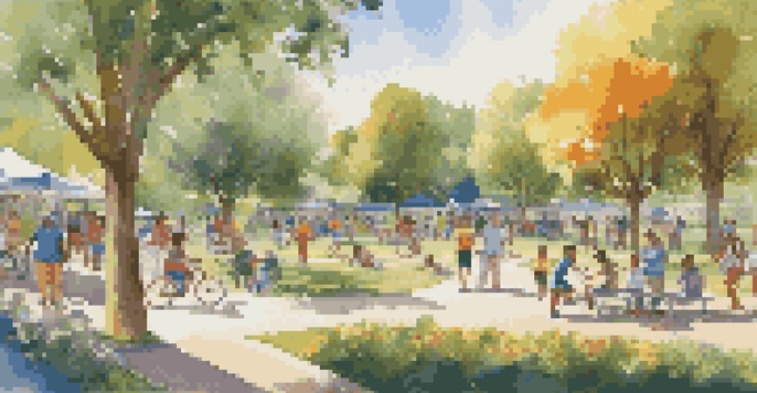 A lively park filled with diverse people enjoying activities like playing, exercising, and picnicking, surrounded by greenery and flowers under a sunny sky.