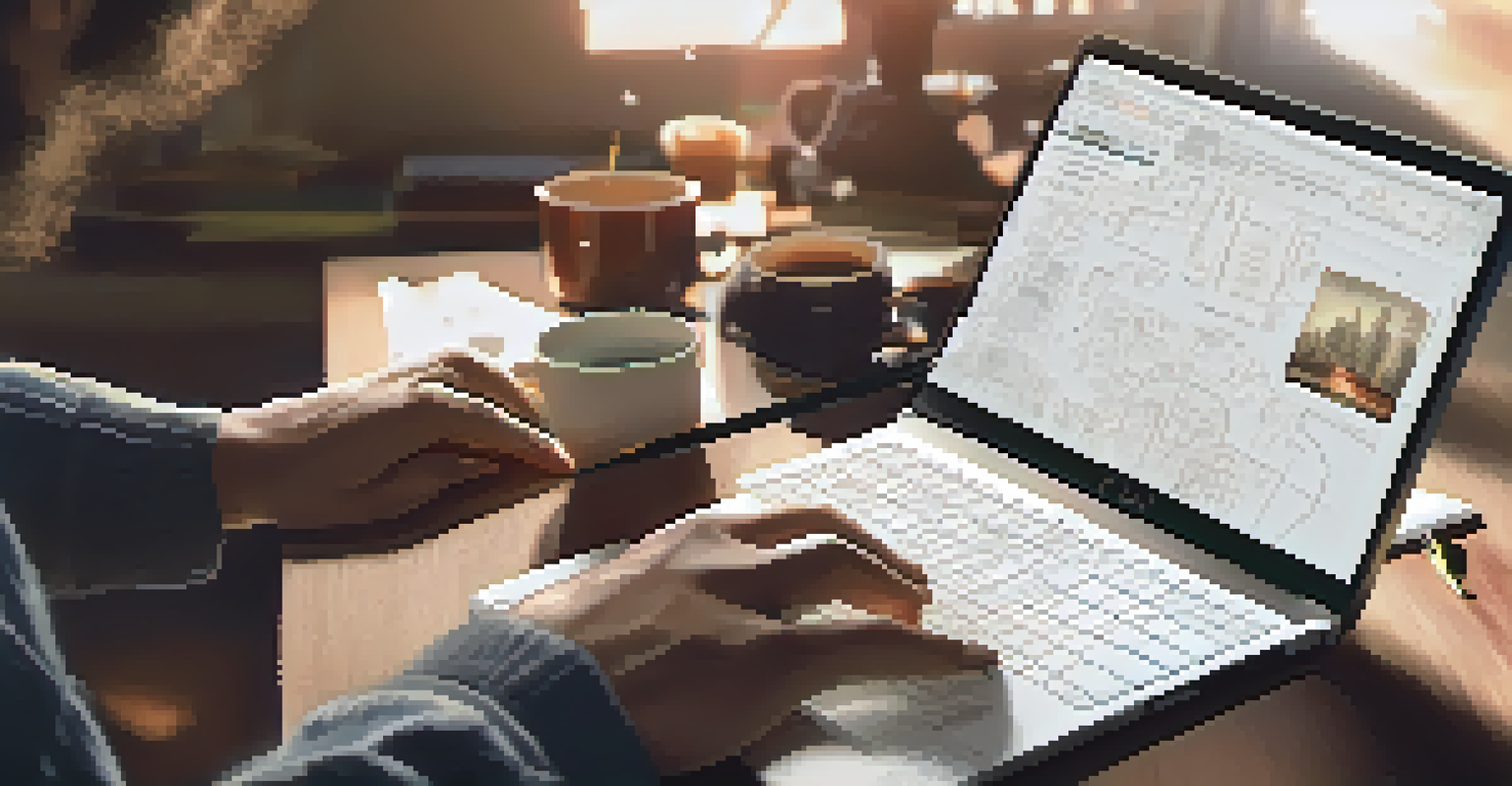 Close-up of hands typing on a laptop with notes and a coffee cup, representing a creative workspace.