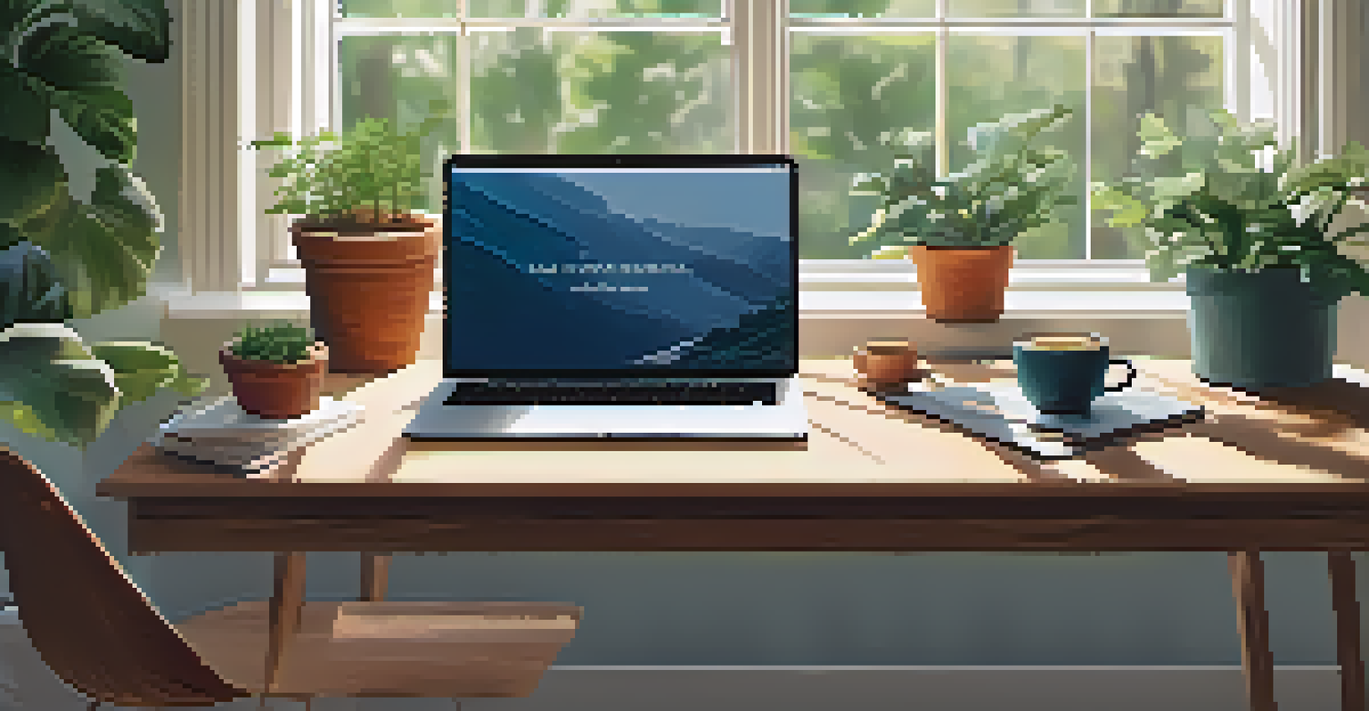 A person creating content on a laptop in a bright workspace filled with plants and notebooks.