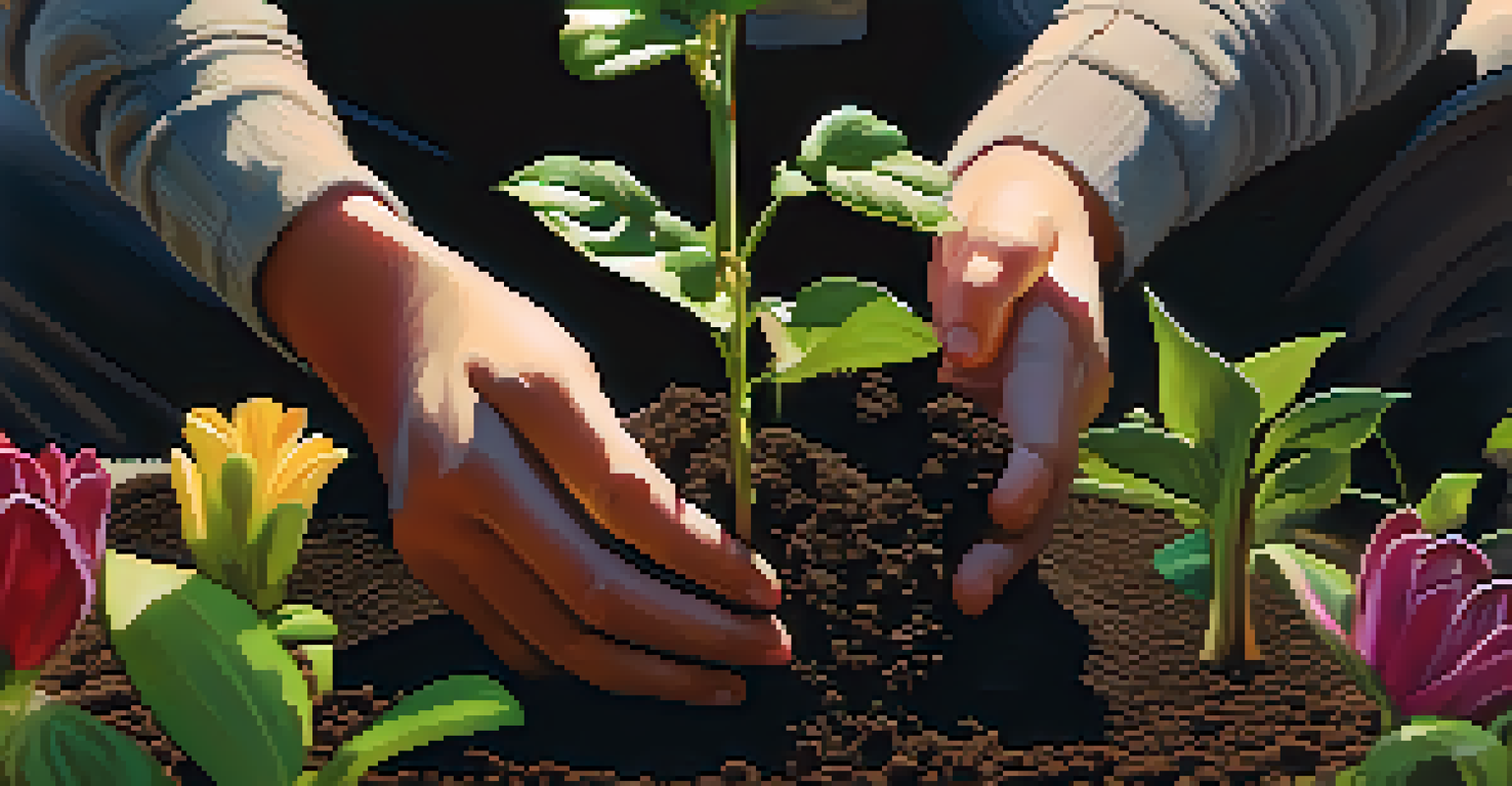 Hands planting a young sapling in dark soil in a community garden with sunlight filtering through the leaves.