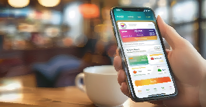 A smartphone displaying a digital wallet app with colorful payment options in a cozy café background.