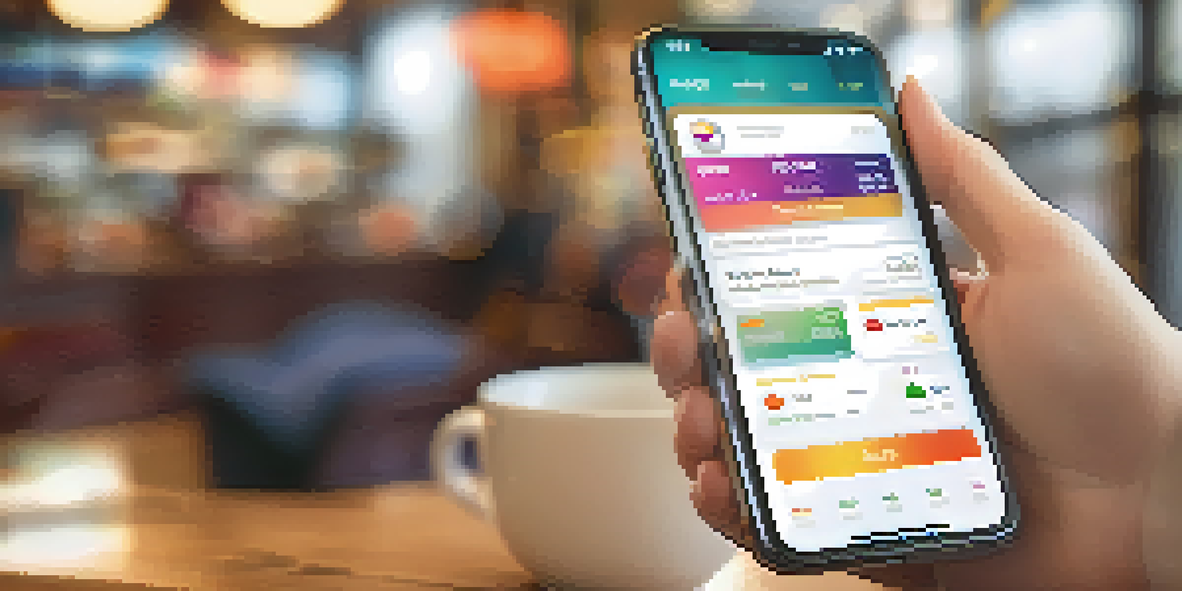 A smartphone displaying a digital wallet app with colorful payment options in a cozy café background.