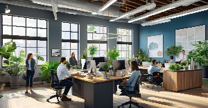 A diverse group of employees collaborating in a bright office workspace, surrounded by laptops and plants.