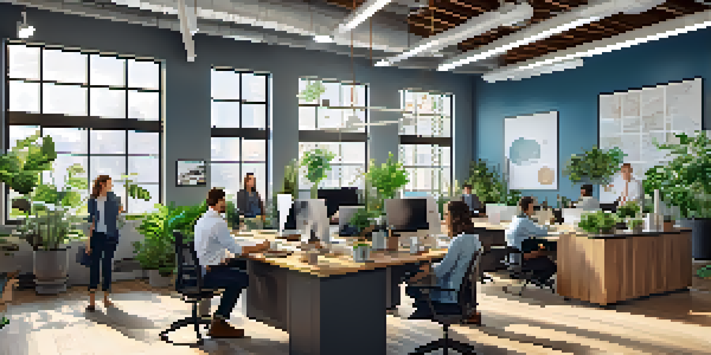 A diverse group of employees collaborating in a bright office workspace, surrounded by laptops and plants.