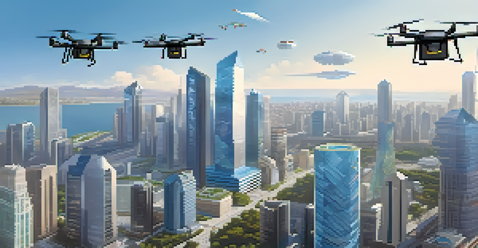 An aerial view of a city with drones delivering packages, representing modern e-commerce logistics.
