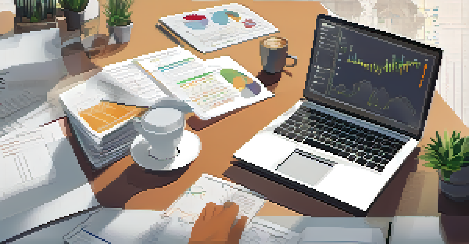 A business professional examining data on a laptop, surrounded by a notepad, coffee cup, and plant in a well-organized workspace.