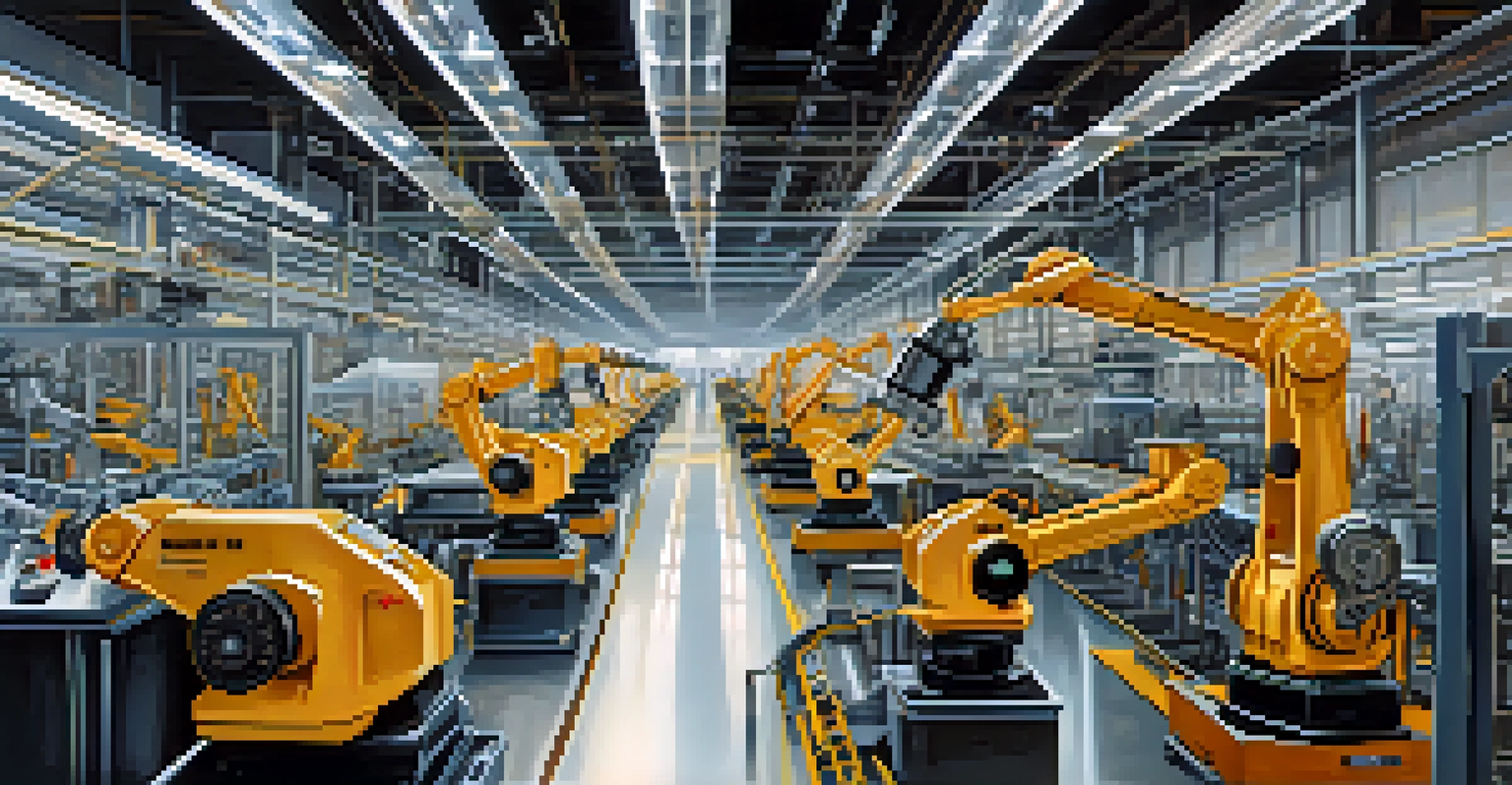 A modern factory assembly line with robotic arms and workers collaborating, highlighted by cool lighting.