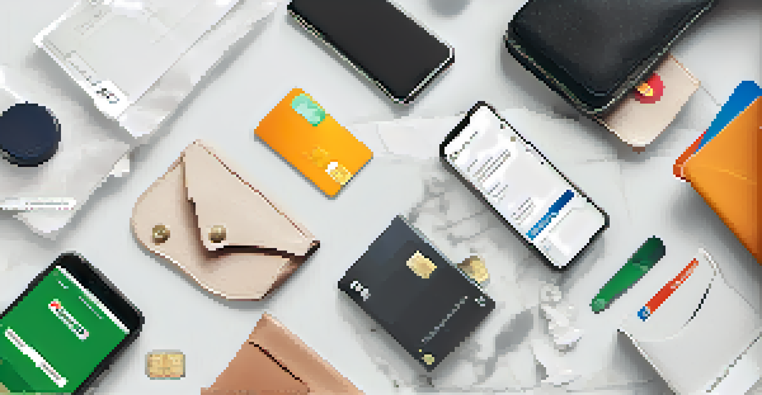 A flat lay of a smartphone, credit cards, and a digital wallet on a marble surface, representing mobile payment options.