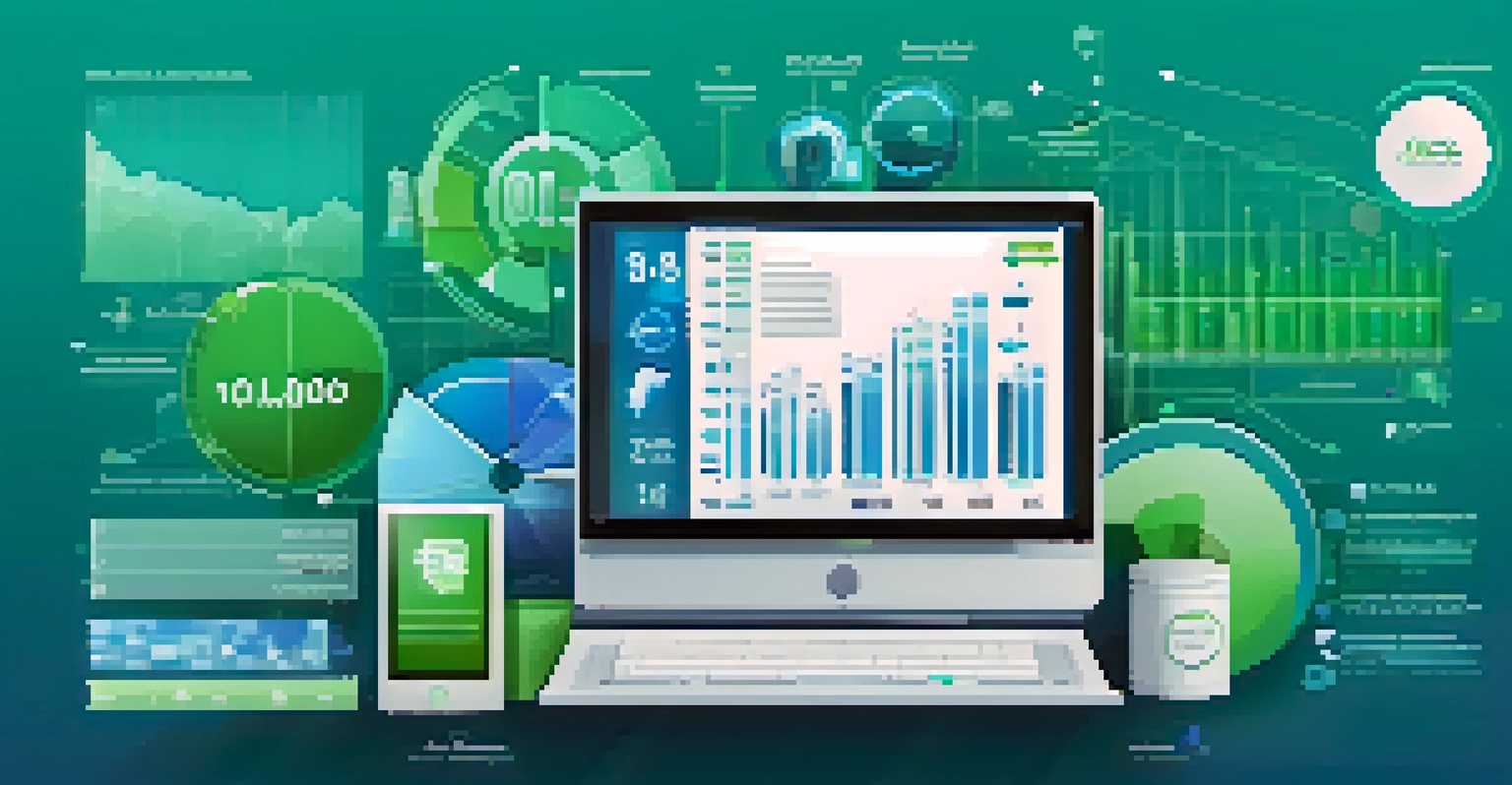 An infographic depicting data analytics tools like bar graphs and pie charts against a blue and green gradient background.