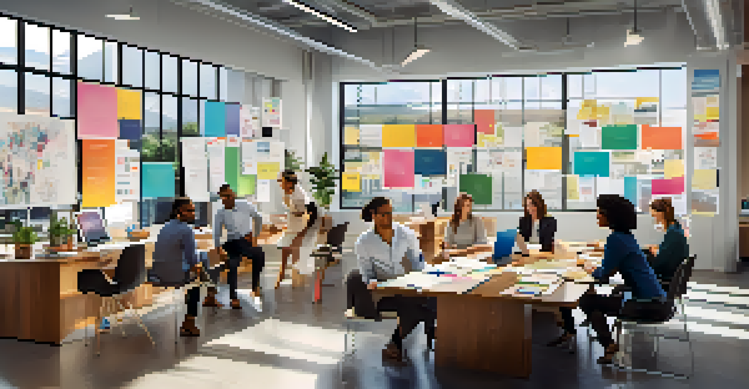A diverse team collaborates around a table with a colorful vision board on the wall, illuminated by natural light from large windows.