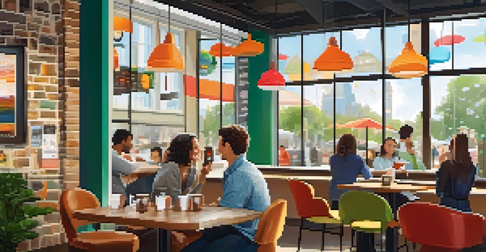 A cozy coffee shop with customers engaging with a digital loyalty screen, warm lighting, and colorful coffee cups on the tables.