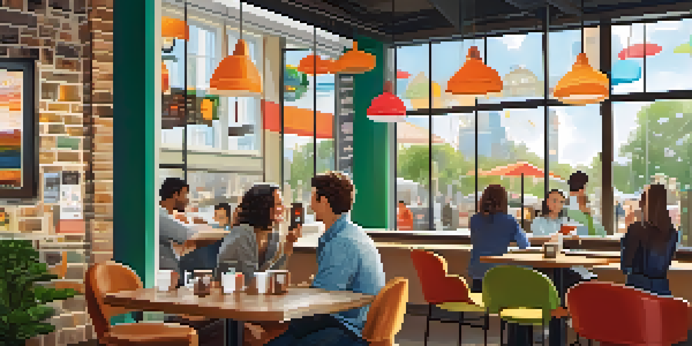 A cozy coffee shop with customers engaging with a digital loyalty screen, warm lighting, and colorful coffee cups on the tables.