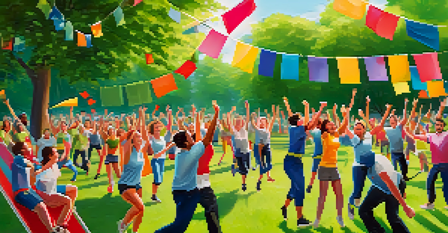 Employees participating in a fun outdoor team-building activity in a green park, laughing and cheering together.