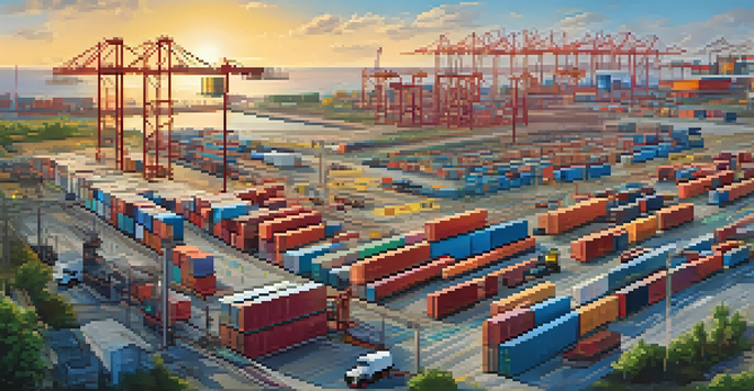 An illustration showing a modern supply chain network with trucks, cargo ships, and warehouses connected by a digital map, set in a sunny landscape.