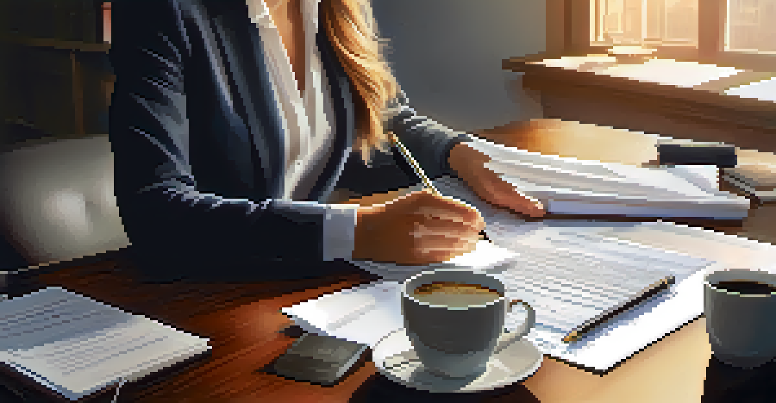 A businesswoman reviewing legal documents at her desk with a laptop and coffee.