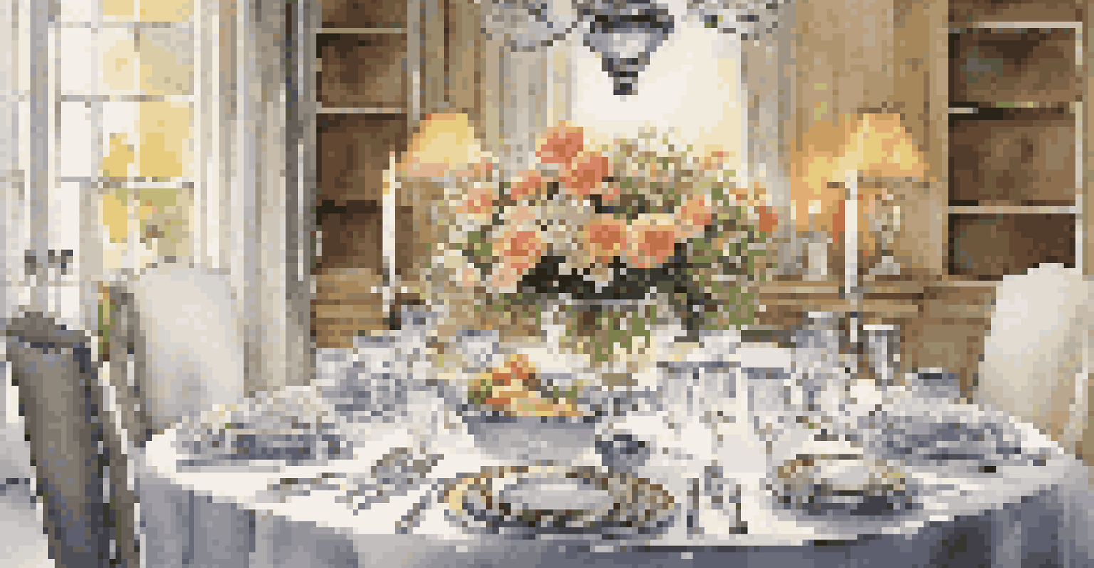 An elegantly set dining table with fine china and a floral centerpiece, illuminated by soft candlelight.