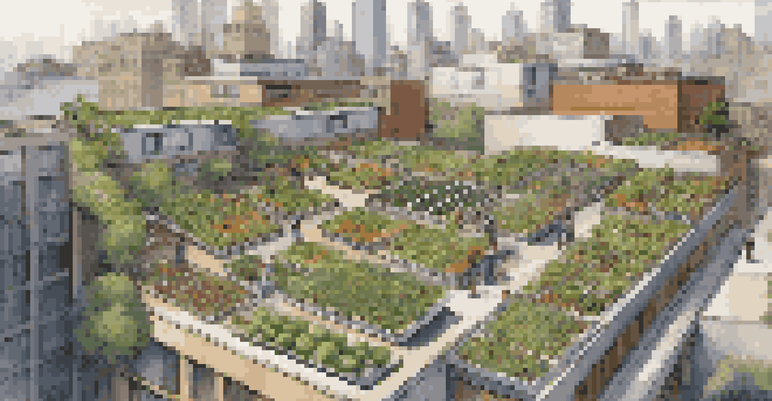 Aerial view of a rooftop urban garden with people planting, solar panels, and the city skyline in the background.