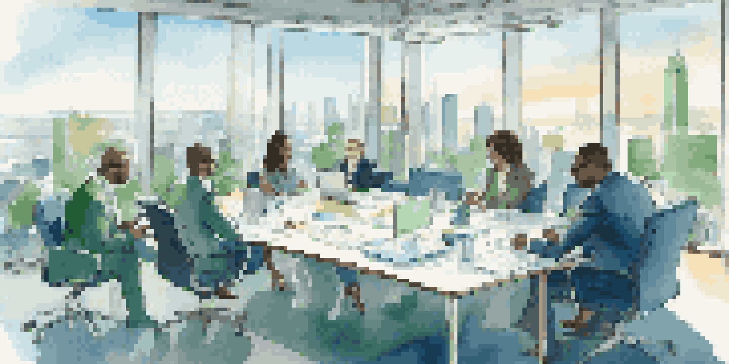 A diverse group of business professionals collaborating in a bright conference room, discussing ideas around a table with digital devices and papers.