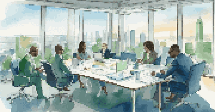 A diverse group of business professionals collaborating in a bright conference room, discussing ideas around a table with digital devices and papers.