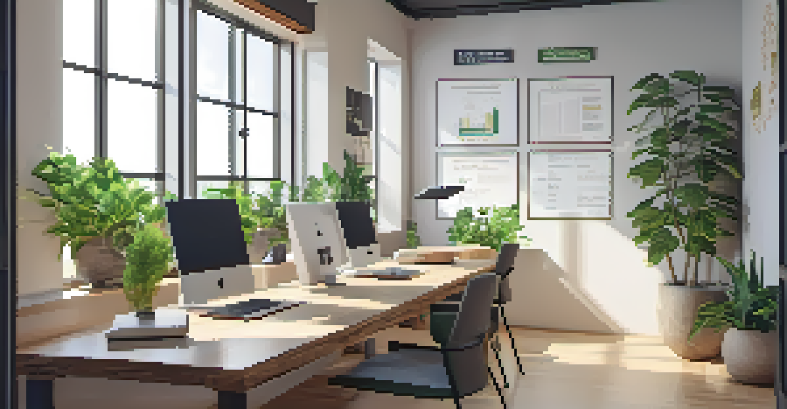 A small business office with a desk, laptop showing data analytics, motivational quotes on the walls, and green plants.