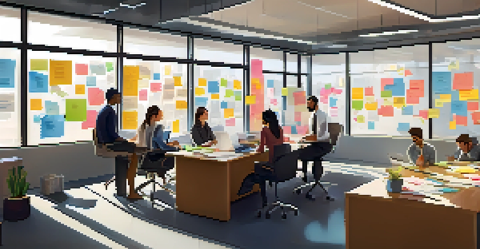 A diverse team in an office brainstorming about risk management strategies, with colorful notes and natural light.