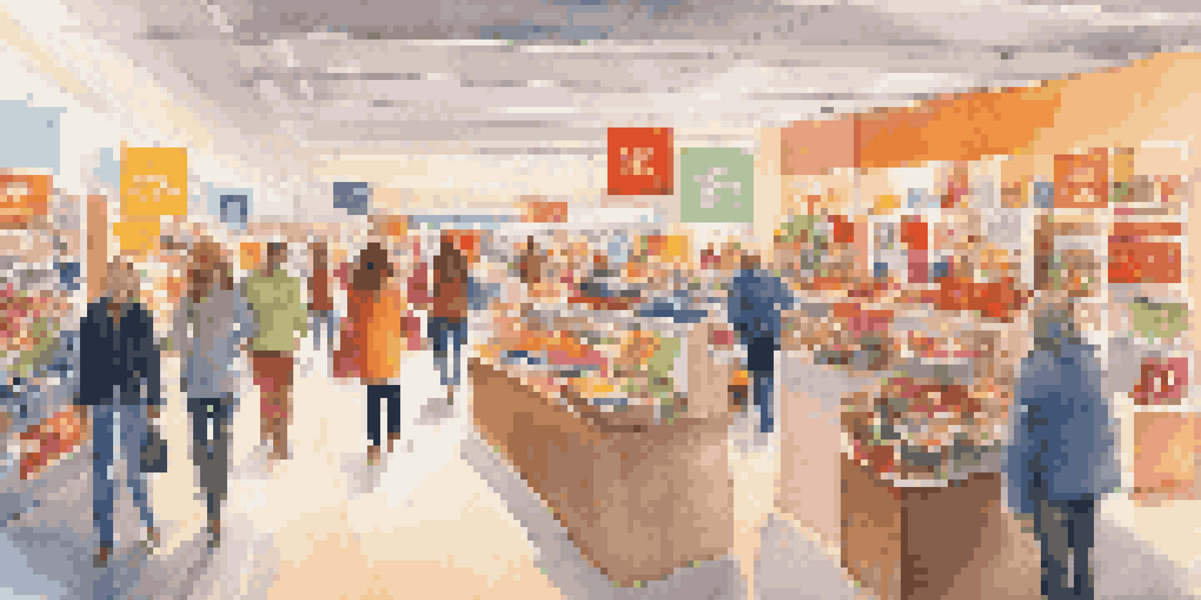 A vibrant retail store with colorful displays and warm lighting, featuring shoppers exploring various products.