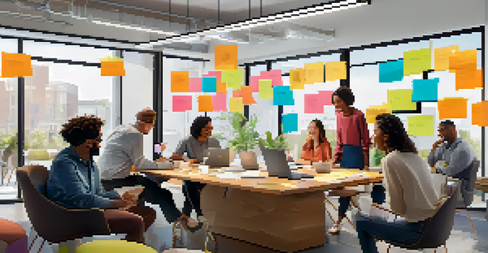 A diverse team brainstorming in a bright modern office with sticky notes on a whiteboard.