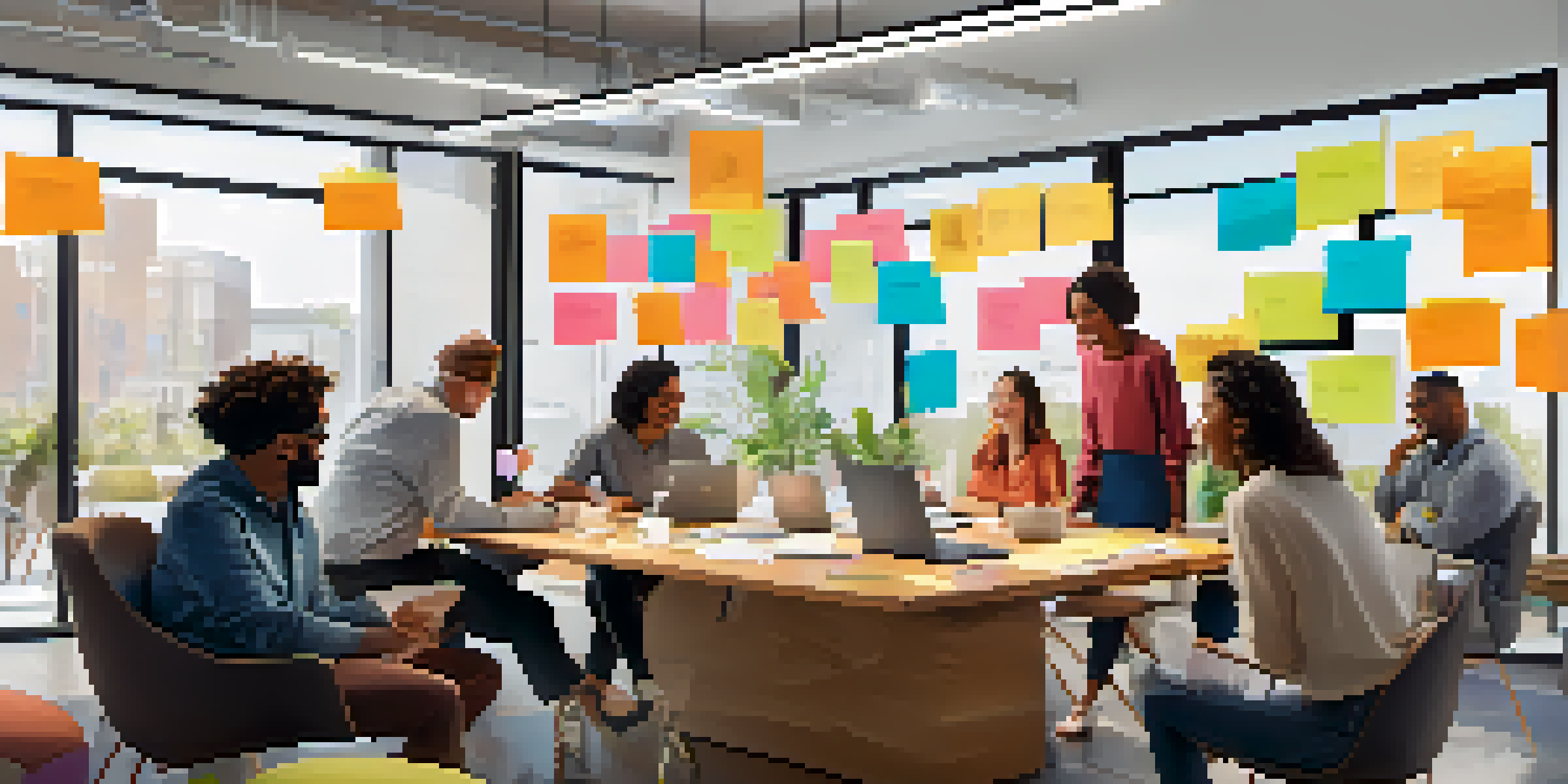 A diverse team brainstorming in a bright modern office with sticky notes on a whiteboard.