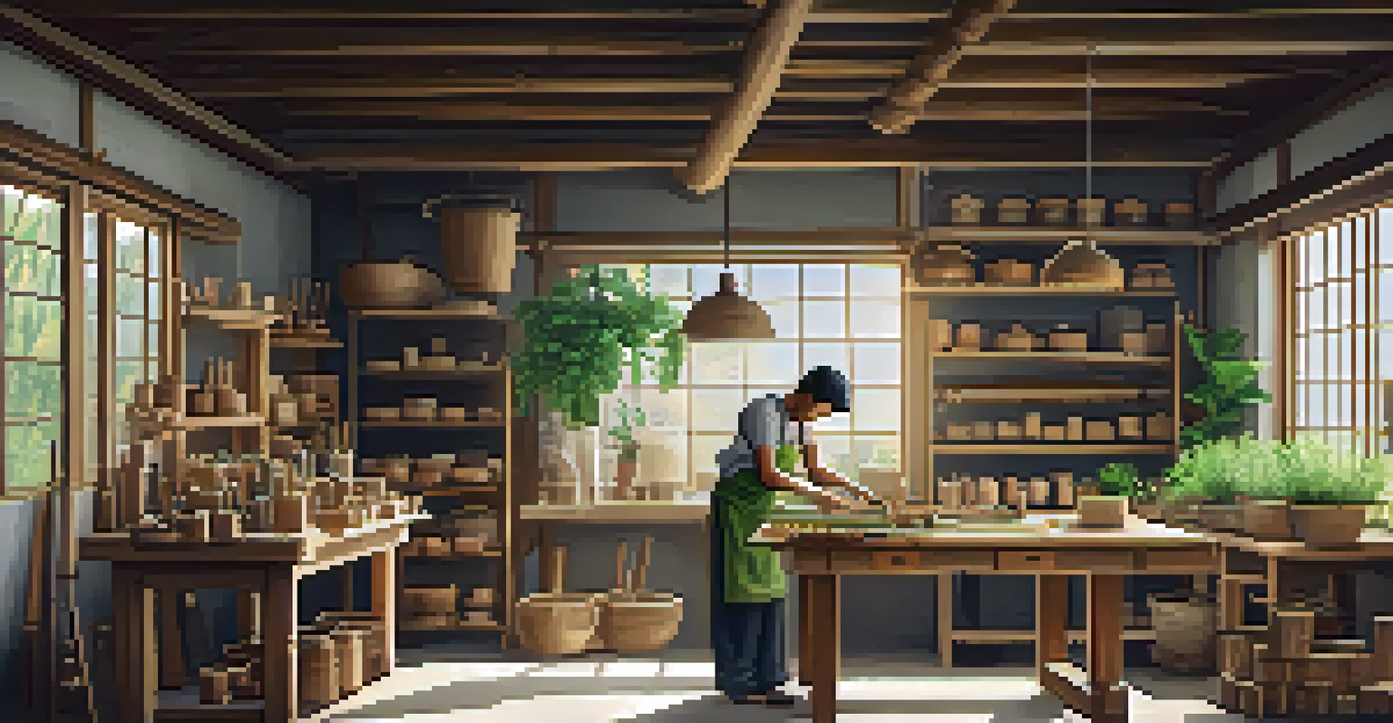 A craftsman in a sunlit workshop creating eco-friendly products from sustainable materials, with tools and plants visible in the workspace.