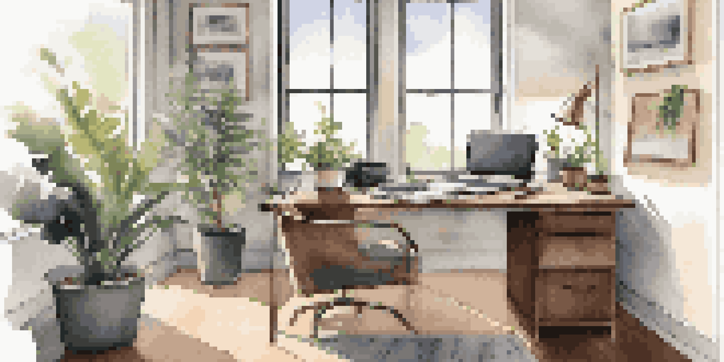 A modern office workspace with a wooden desk, laptop, notepad, coffee cup, and a potted plant by a window.