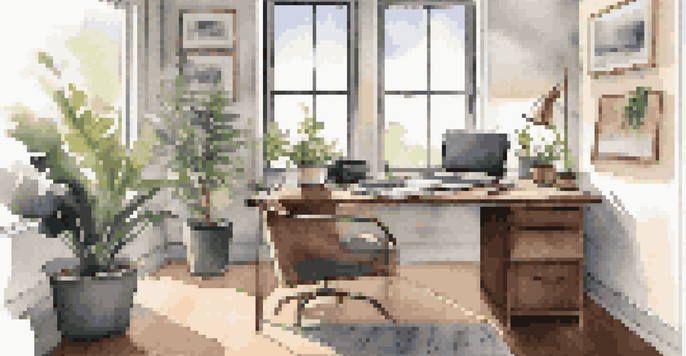 A modern office workspace with a wooden desk, laptop, notepad, coffee cup, and a potted plant by a window.