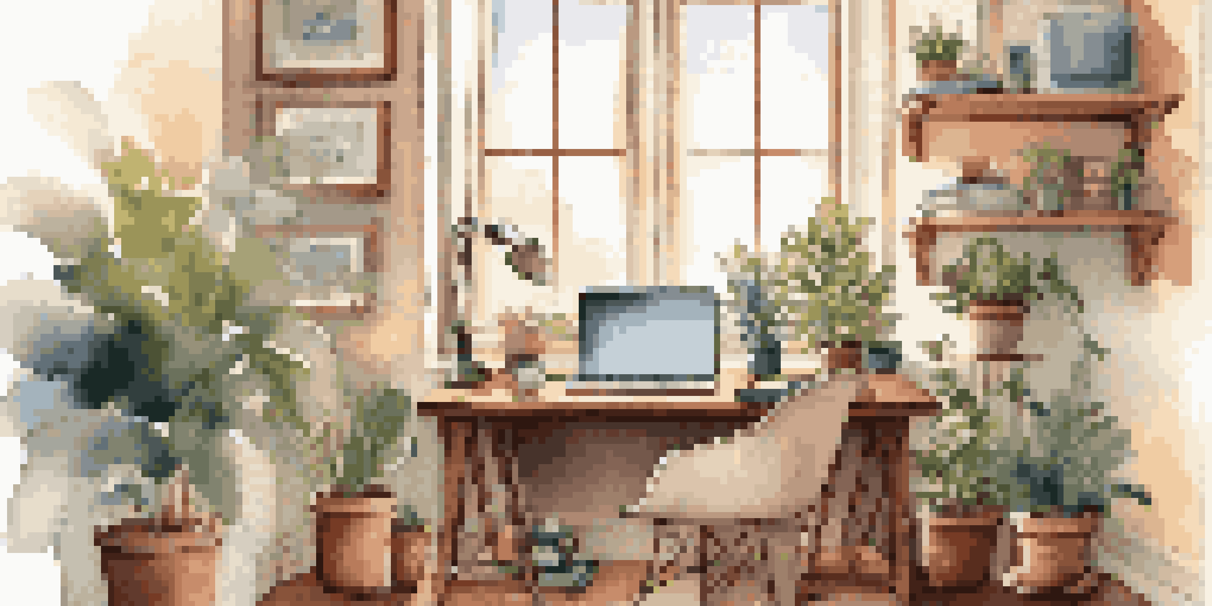 A modern home office with a laptop and coffee, illuminated by sunlight.
