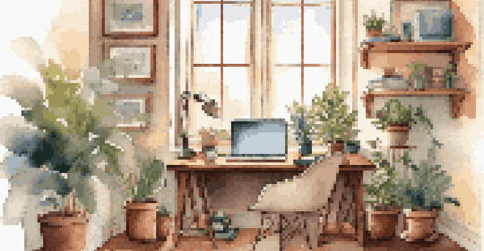 A modern home office with a laptop and coffee, illuminated by sunlight.