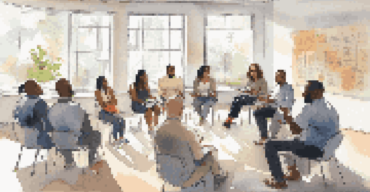 A group of diverse professionals engaged in a workshop, sharing experiences in a bright, welcoming environment.
