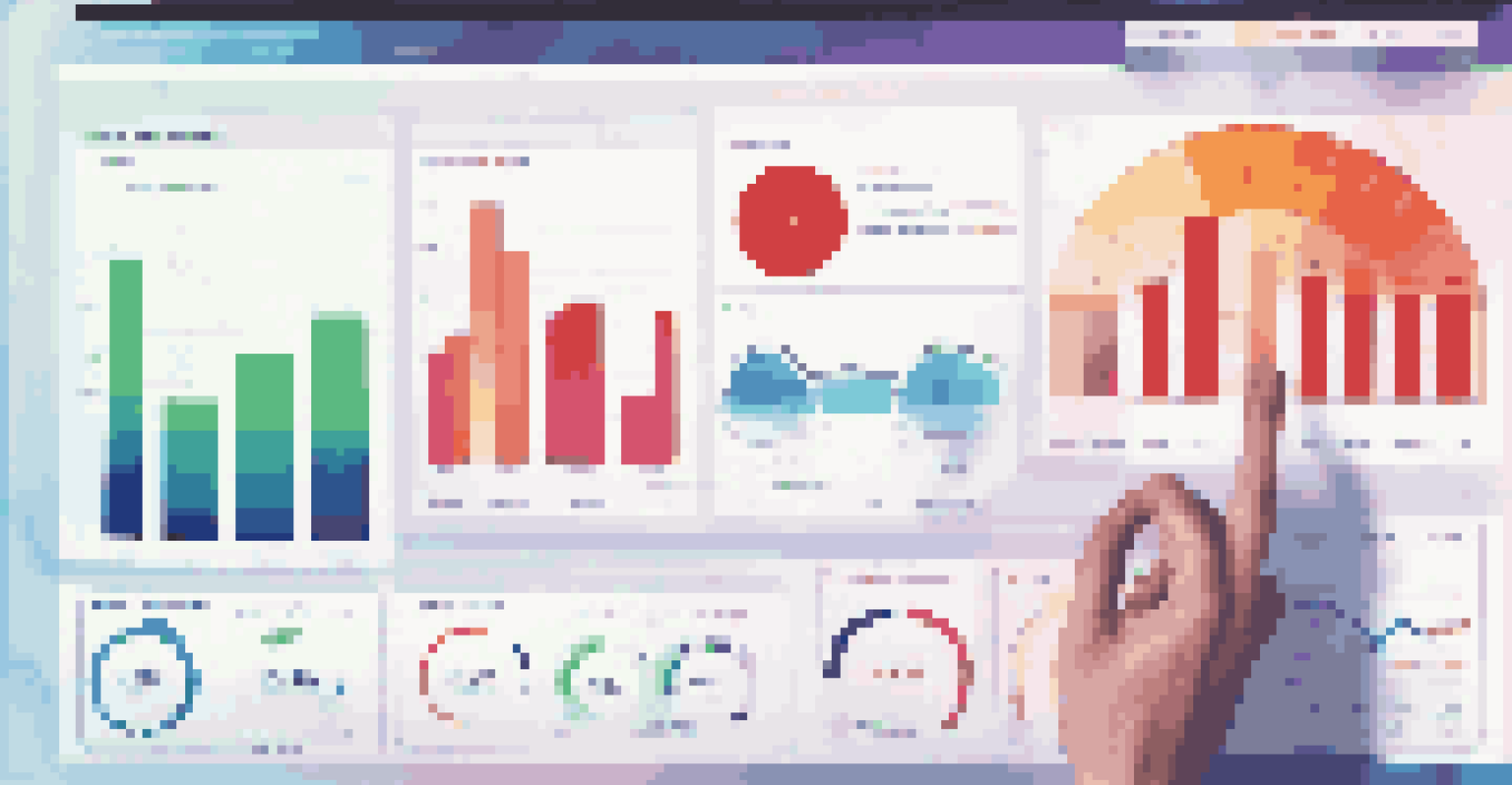 A digital marketing dashboard showcasing various metrics with a hand pointing at the screen.
