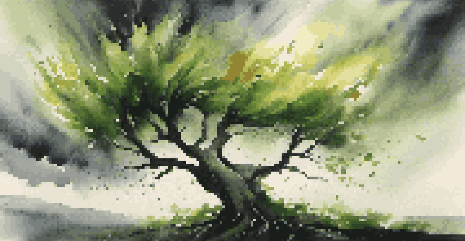 An abstract image of a tree bending in the wind against a dramatic sky, symbolizing adaptability and resilience.