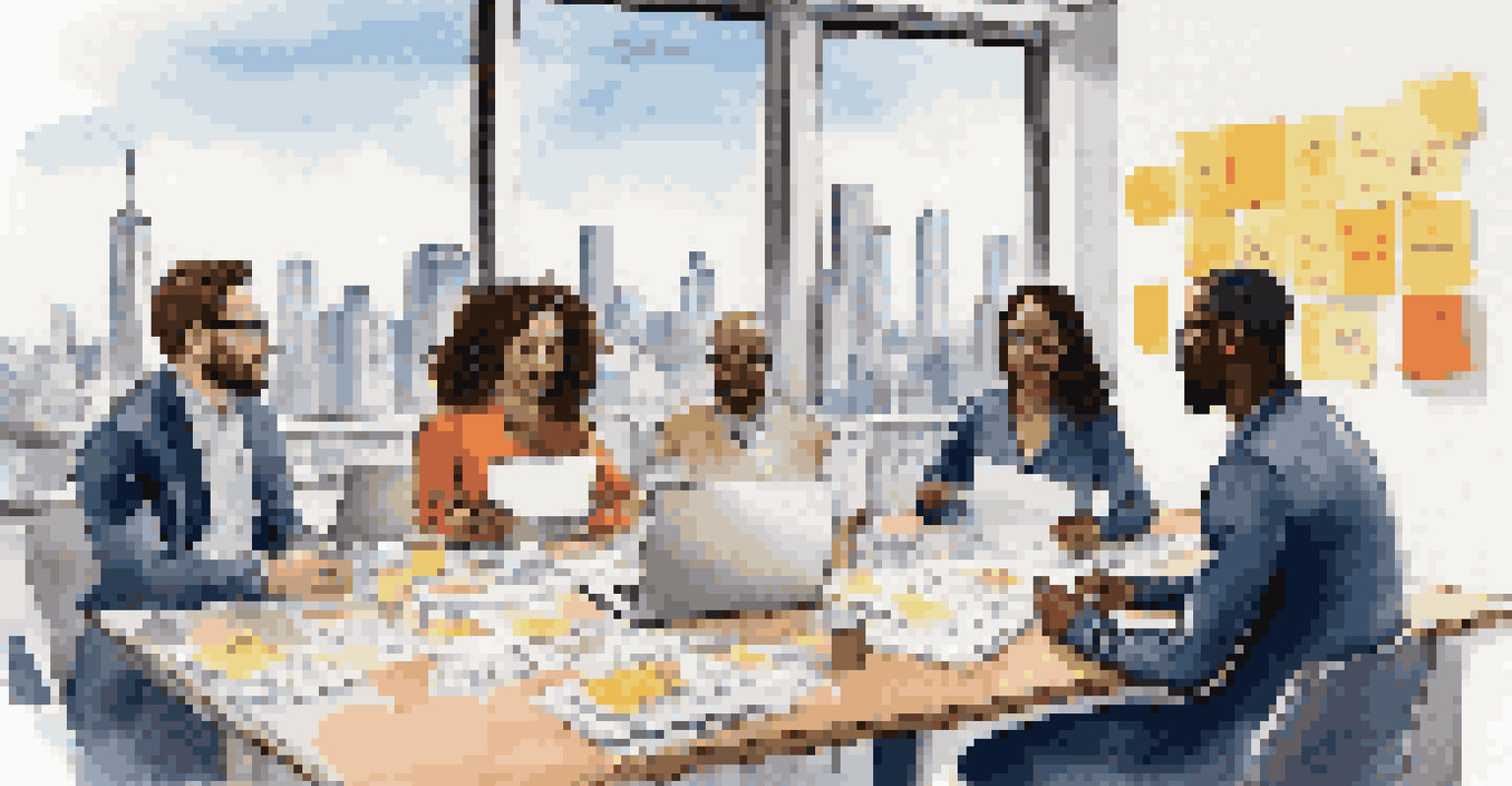 A diverse team collaborating around a table filled with sticky notes and laptops, with a city skyline visible through a window.