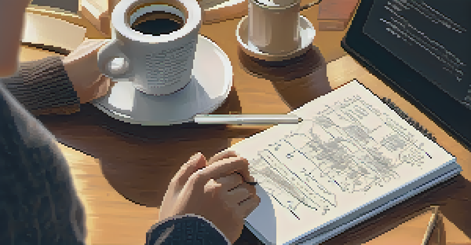 A close-up of hands writing on a notepad in a cafe, with a laptop and coffee cup, capturing the essence of brainstorming a business plan.