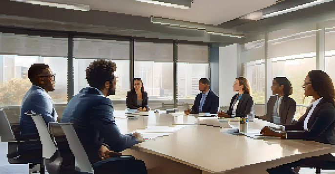 A diverse group of professionals in a bright office having a recruitment meeting, discussing resumes at a conference table.