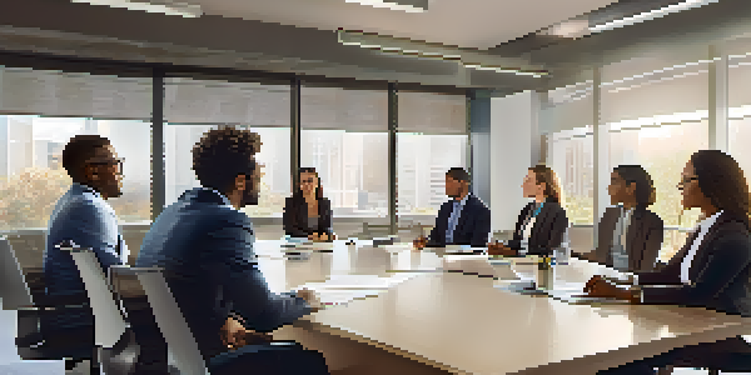 A diverse group of professionals in a bright office having a recruitment meeting, discussing resumes at a conference table.