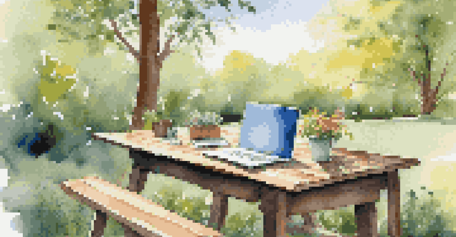 An outdoor workspace with a laptop on a wooden table, surrounded by trees and flowers, showcasing a vibrant nature scene.