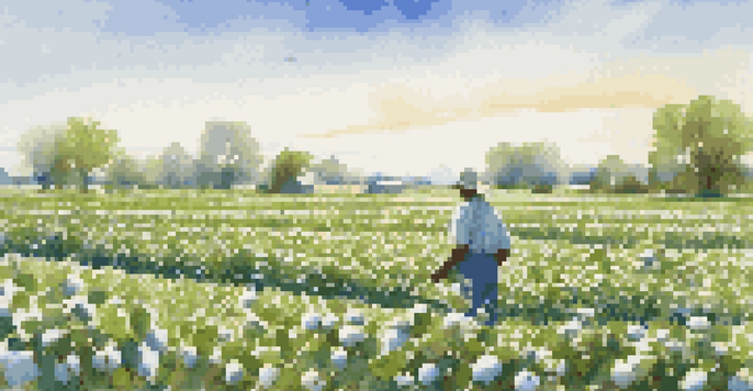A farmer inspecting a field of organic cotton plants under a bright blue sky, showcasing sustainable agriculture.