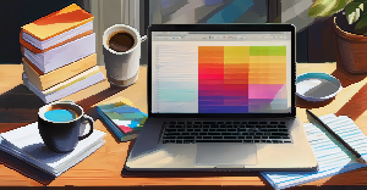 A flat lay of a workspace with a laptop, coffee cup, colorful stationery, and handwritten notes on a textured wooden table.