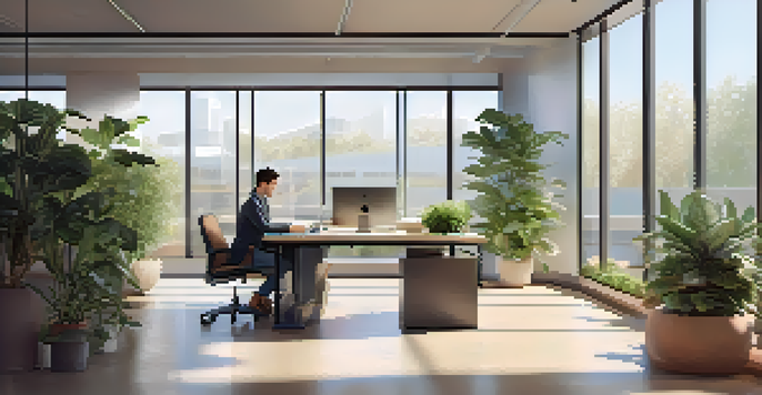 An employee working at a standing desk in a bright, plant-filled office with large windows and a cozy seating area.