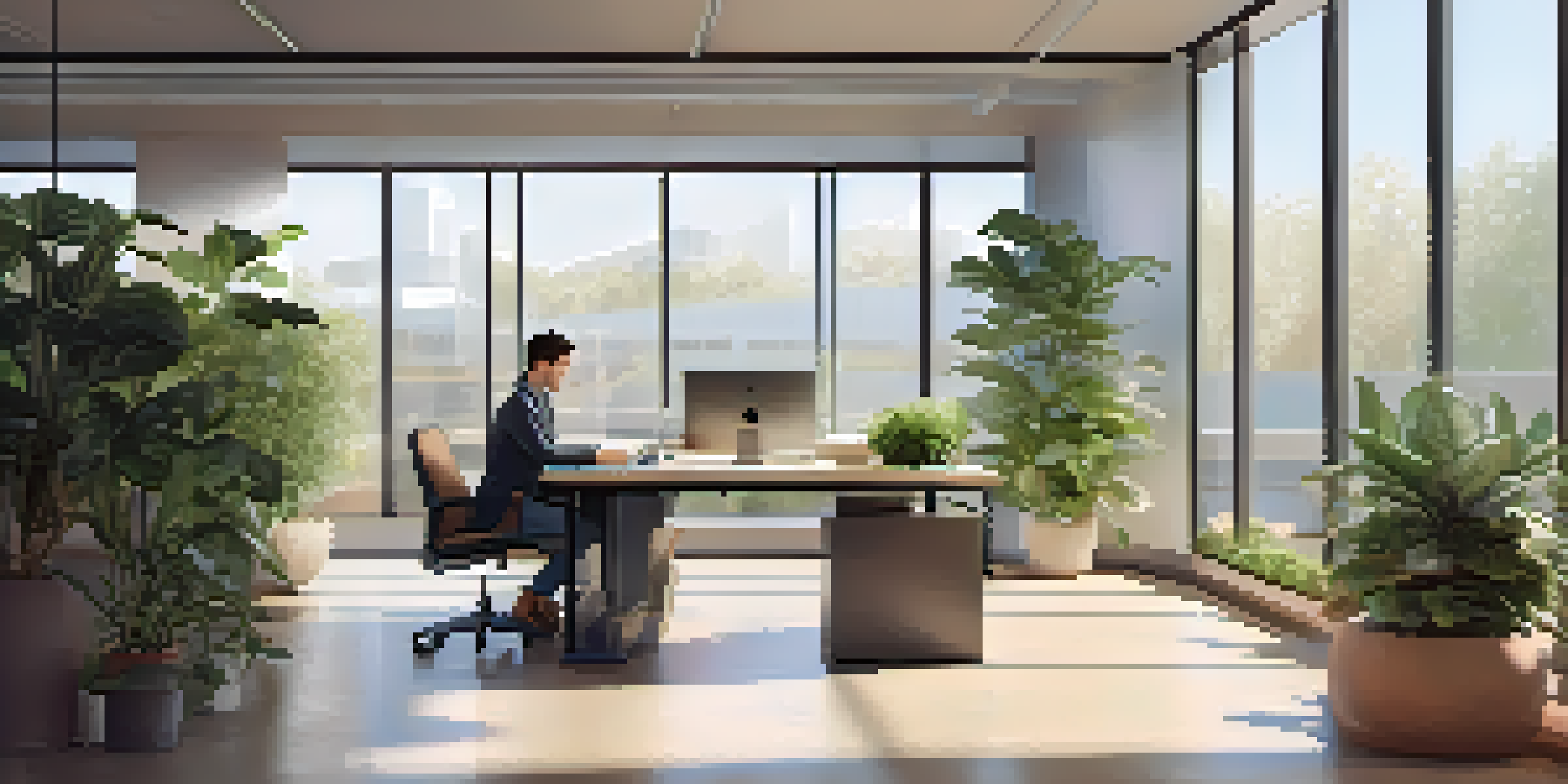 An employee working at a standing desk in a bright, plant-filled office with large windows and a cozy seating area.