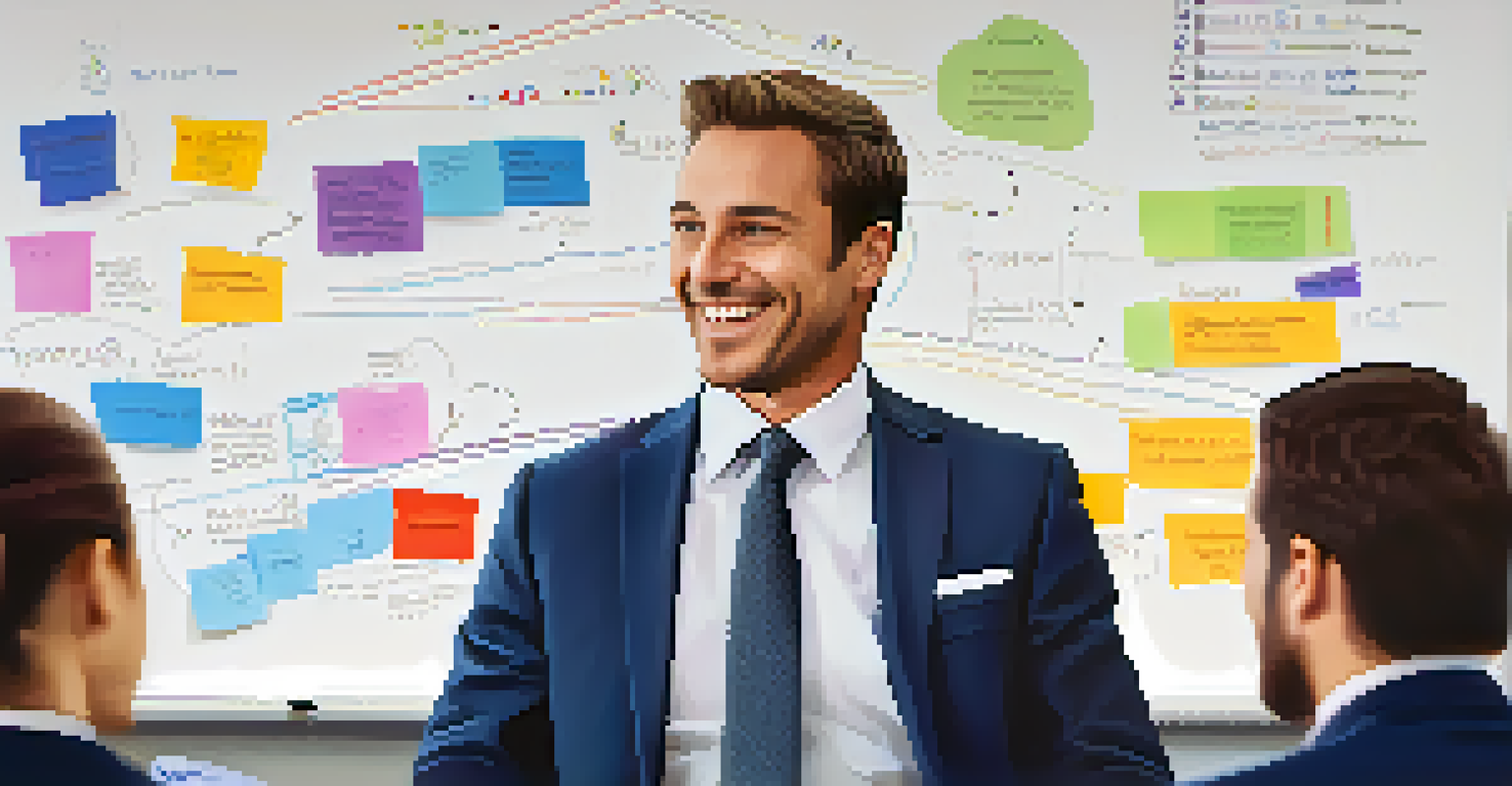 A business leader smiling while interacting with employees in a meeting, with a whiteboard filled with notes in the background.