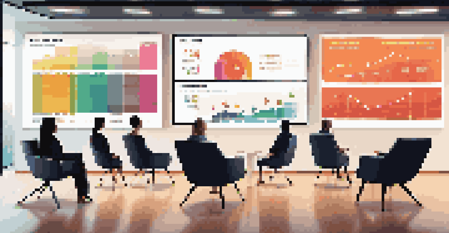 Colorful infographics of KPIs displayed on a digital screen in a modern business lounge setting.