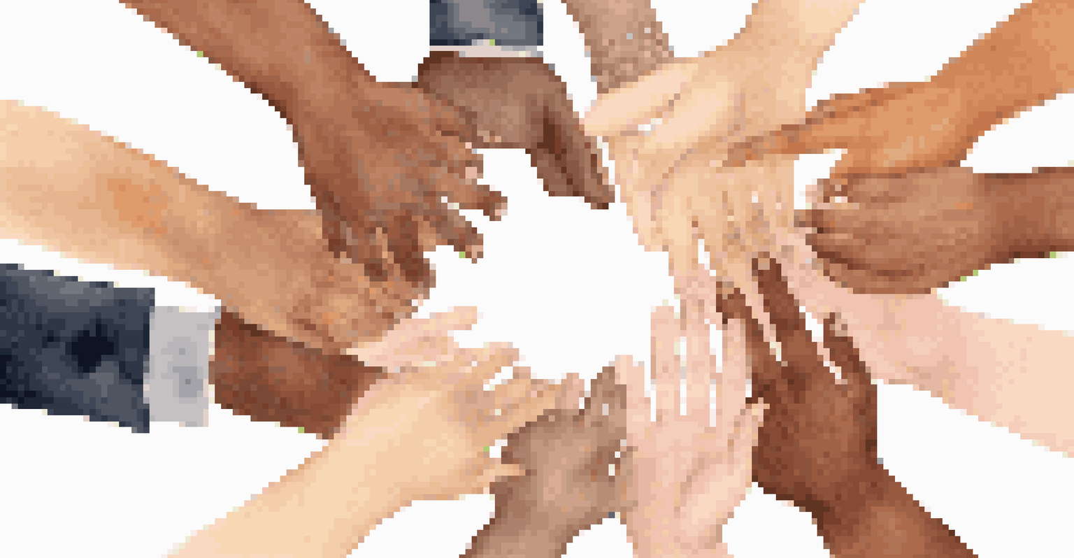 A close-up of diverse hands joining together in a circle, representing unity and collaboration.