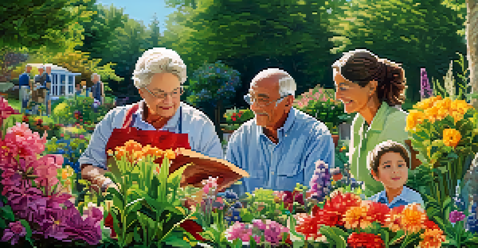 A family working together in a garden, with younger members learning from older family members about the family business.